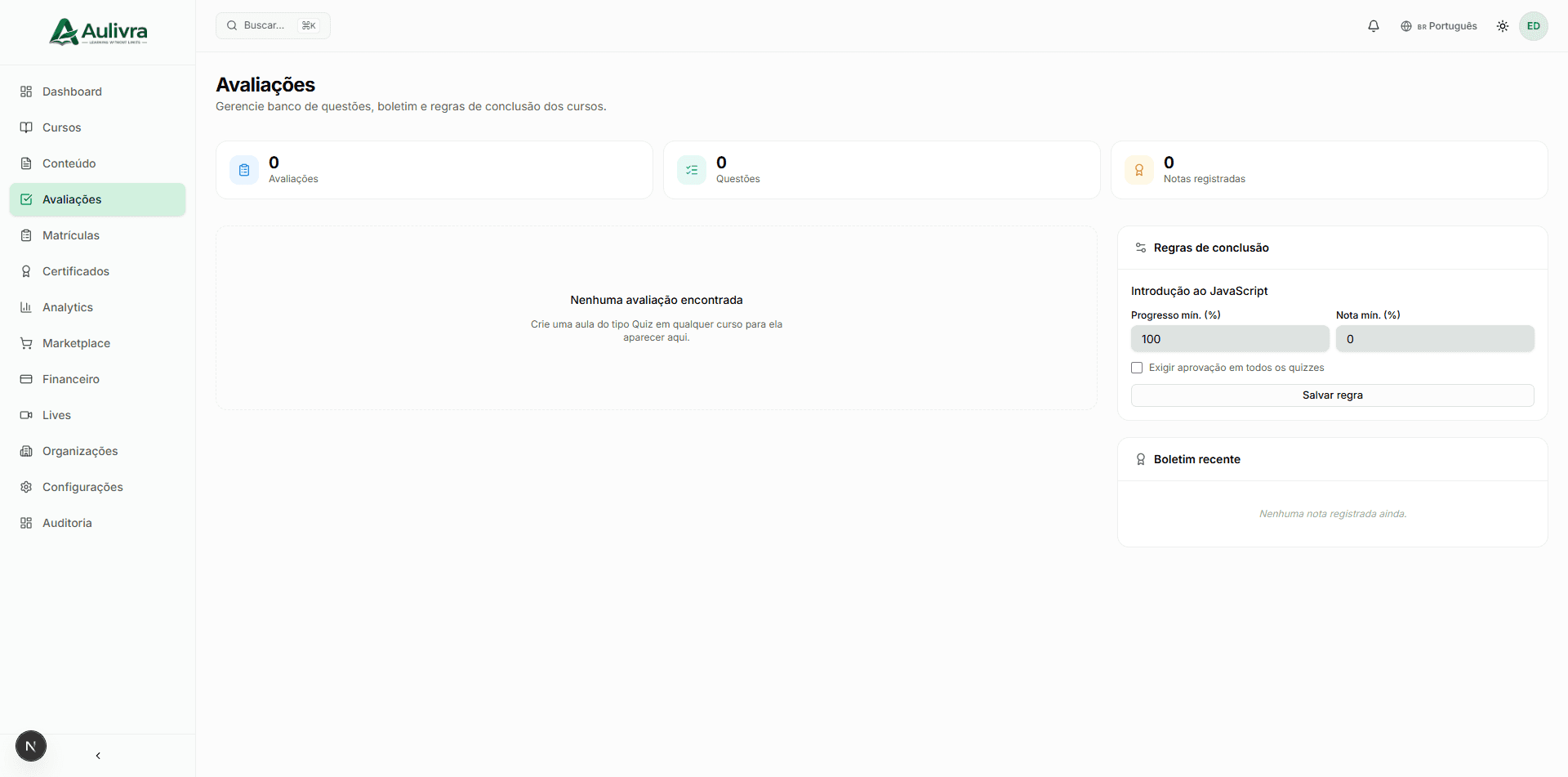 Aulivra v2 — Avaliações