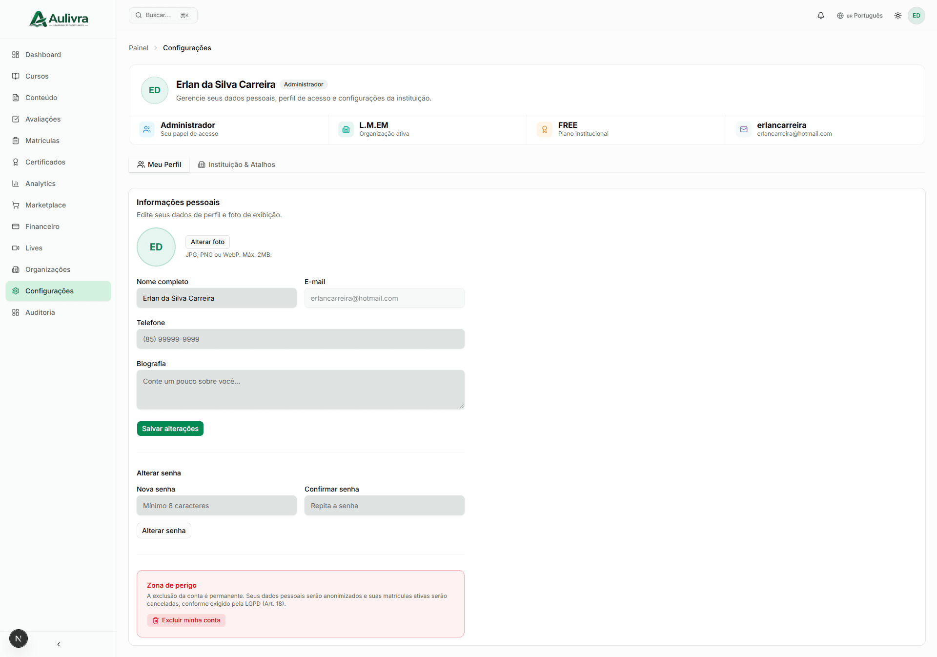 Aulivra v2 — Configurações
