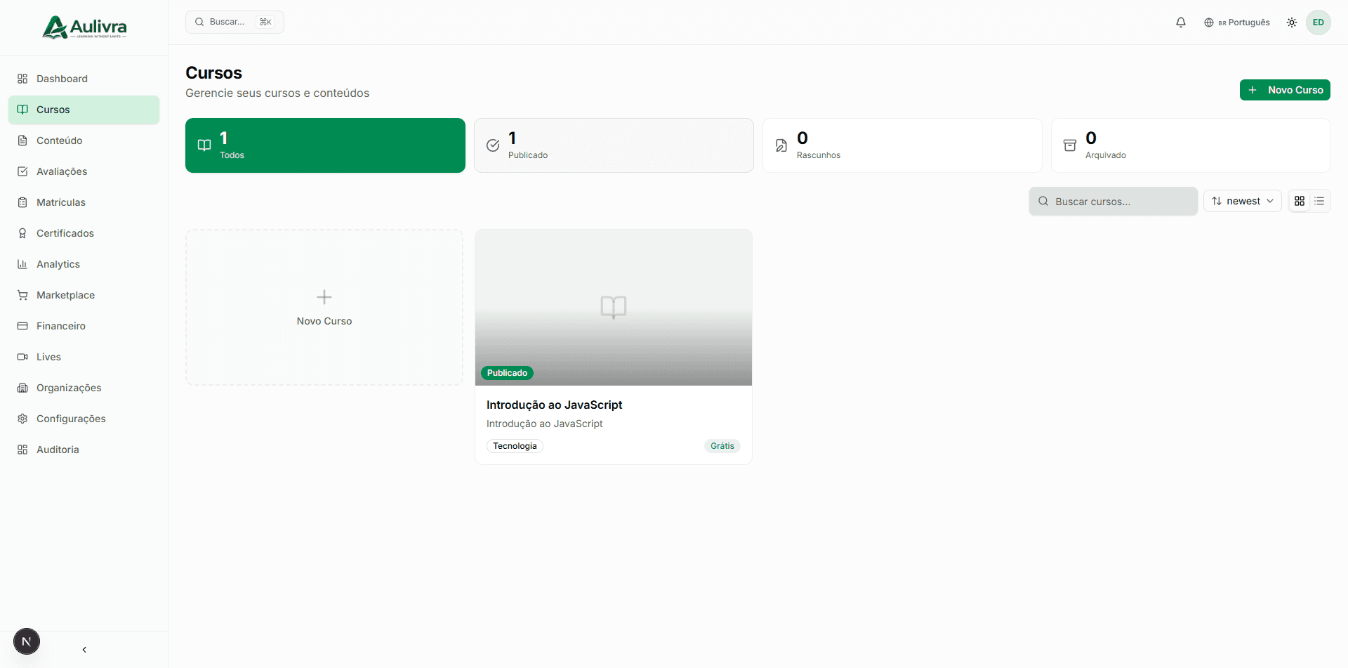 Aulivra v2 — Gestão de Cursos