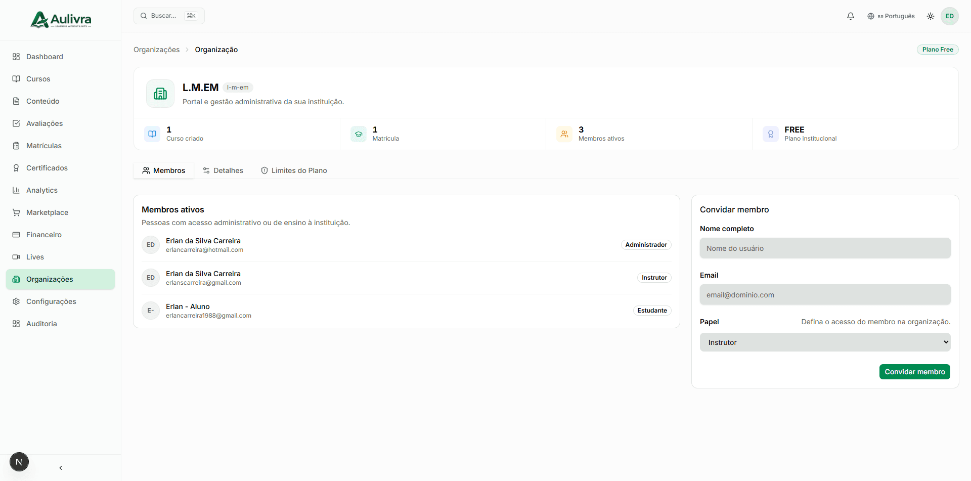 Aulivra v2 — Organizações