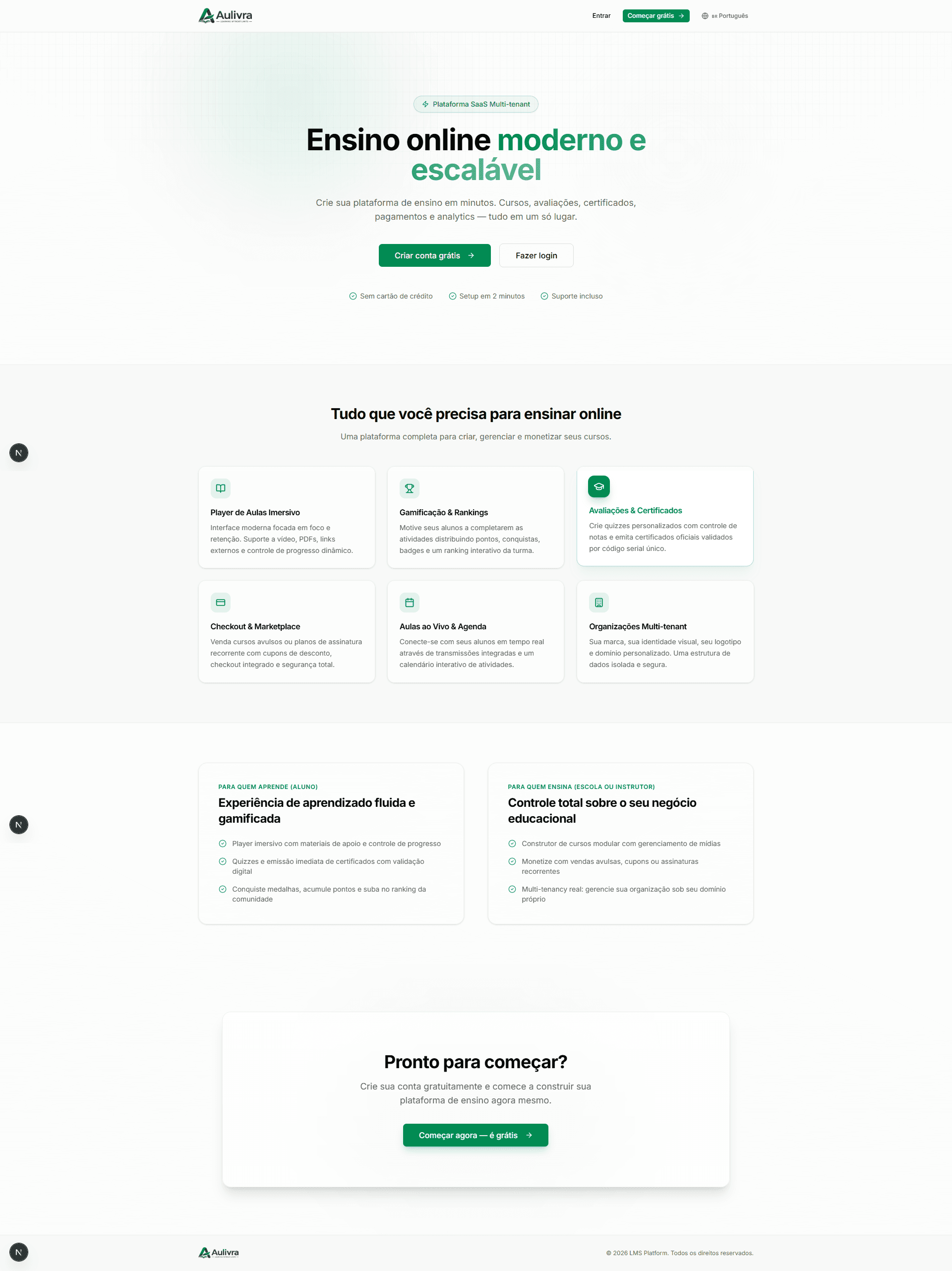 Aulivra v2 — tela inicial da plataforma