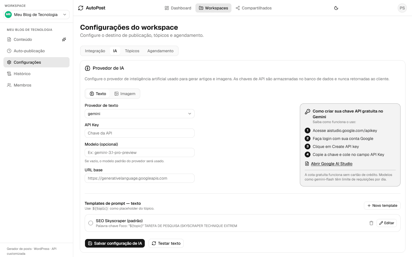AutoPost — Configuração de IA